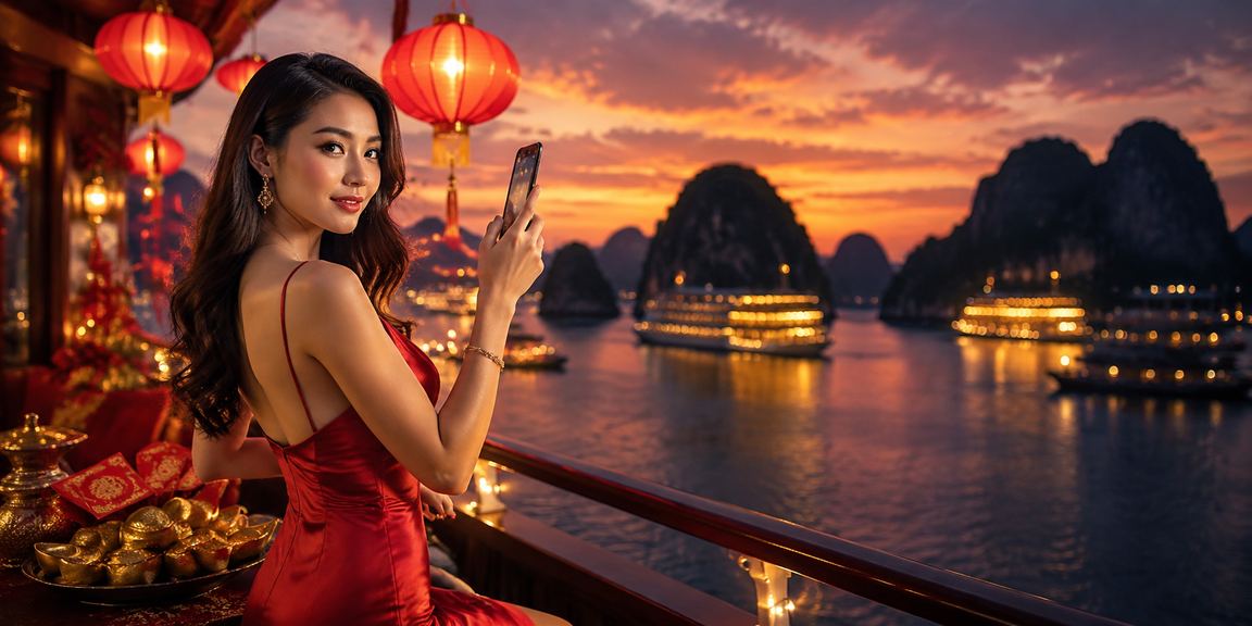 Du khách tại vịnh Hạ Long nạp tiền vào tài khoản cá cược và nhận thưởng dưới ánh đèn lồng buổi tối